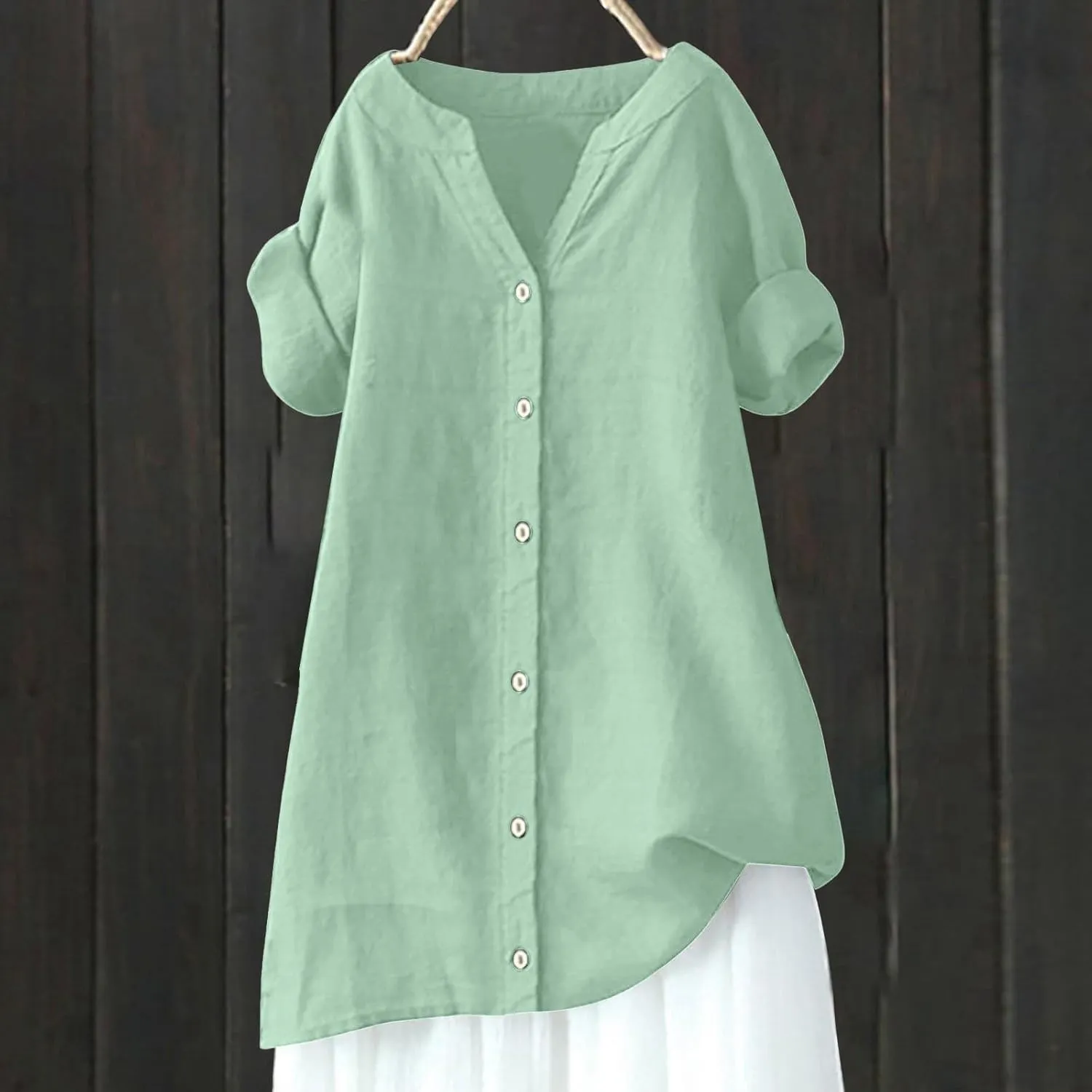 Women's Buttons Shirt Linen Long/Roll Up Sleeve V-Neck Soft Shirt Casual Loose Fit Office Blouses Tunic Tops