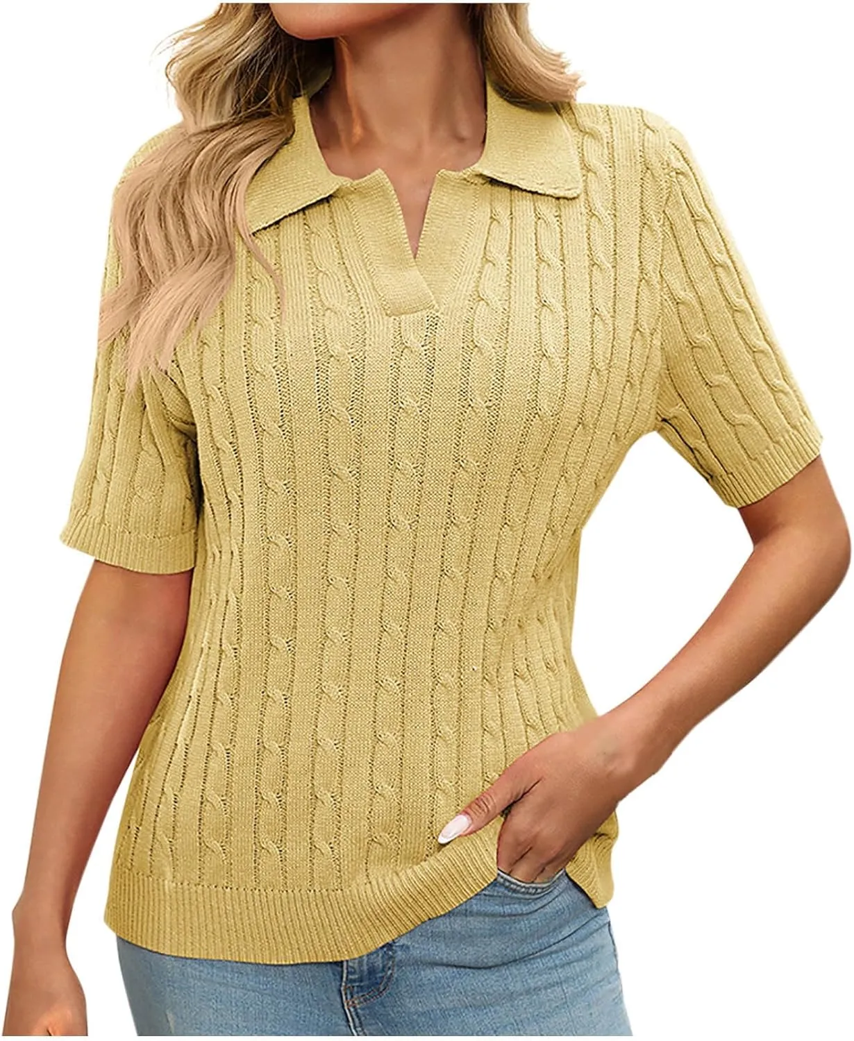 Womens Cable Knit Sweaters Short Sleeve Polo Tops Lapel V Neck Knit Casual Soft Pullover Shirt 2025 Summer Outfits
