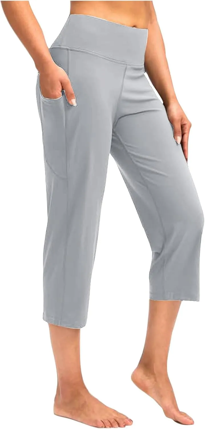 Womens Capri Yoga Pants Tummy Control Athletic Workout Pant Comfortable Stretch Solid High Waist Pants with Pockets
