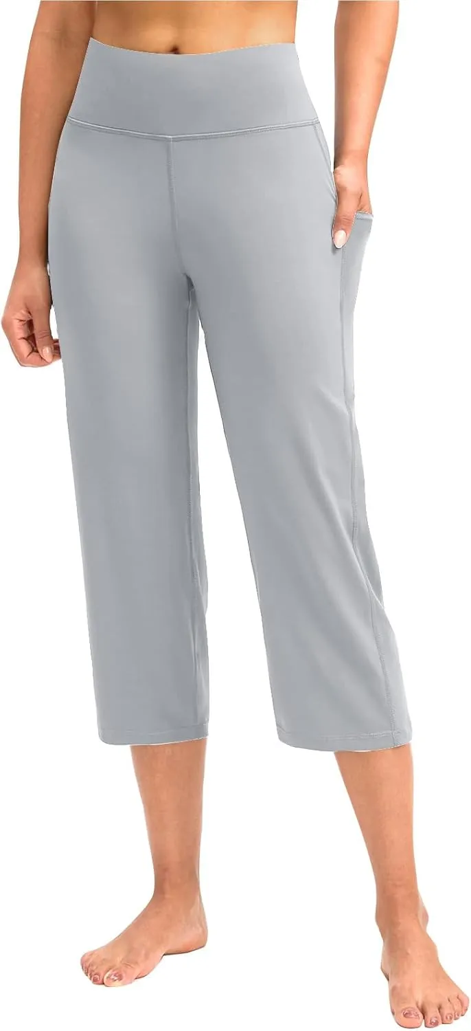 Womens Capri Yoga Pants Tummy Control Athletic Workout Pant Comfortable Stretch Solid High Waist Pants with Pockets