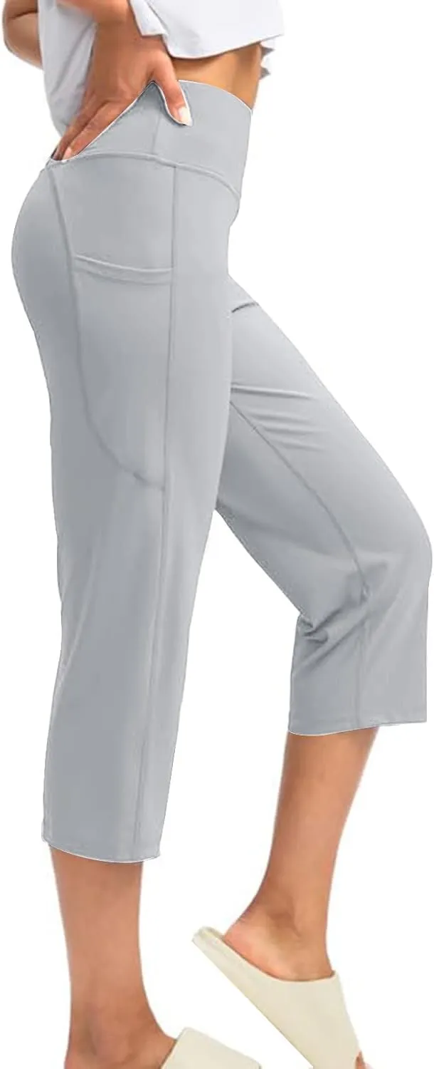 Womens Capri Yoga Pants Tummy Control Athletic Workout Pant Comfortable Stretch Solid High Waist Pants with Pockets