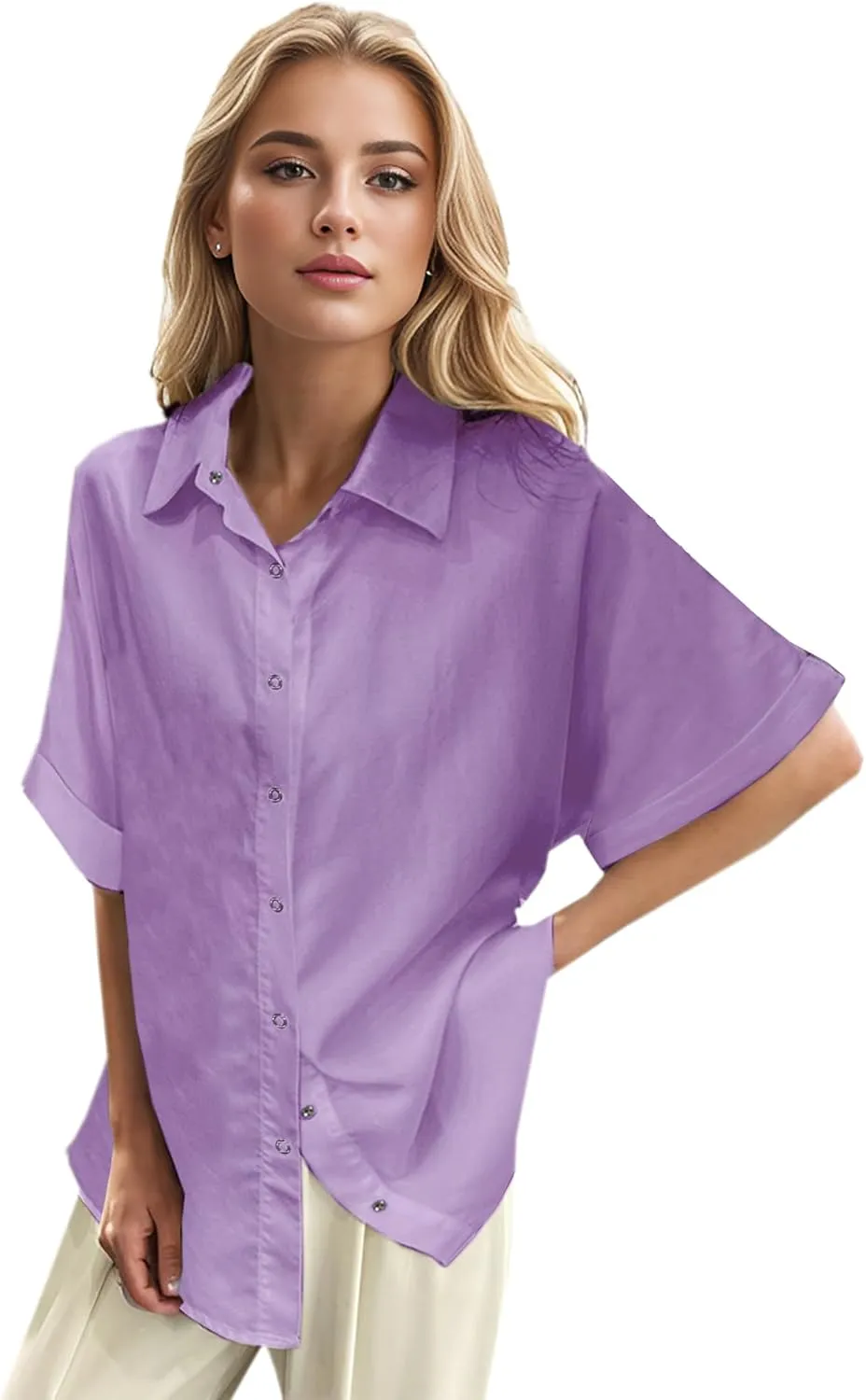 Womens Convenient Snap Casual & Soft Short Sleeve Shirts Blouse, US Small - US 2X-Large