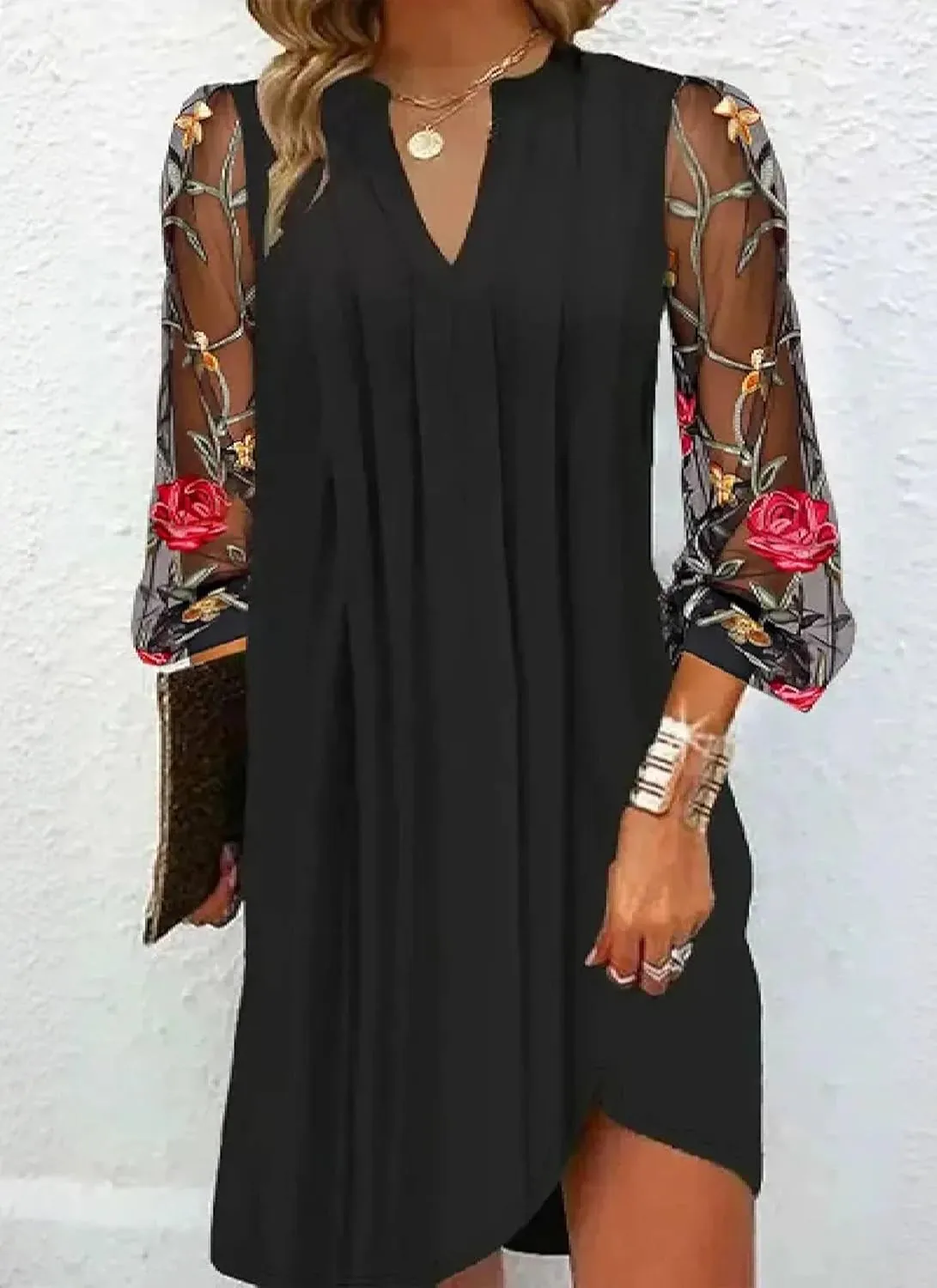 Women's Loose Shift Floral Print Sheer Long Sleeve V-Neck Black Mini Dress 2025 Spring Summer Stylish Casual Dress