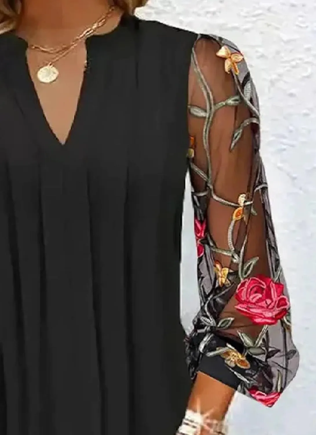 Women's Loose Shift Floral Print Sheer Long Sleeve V-Neck Black Mini Dress 2025 Spring Summer Stylish Casual Dress