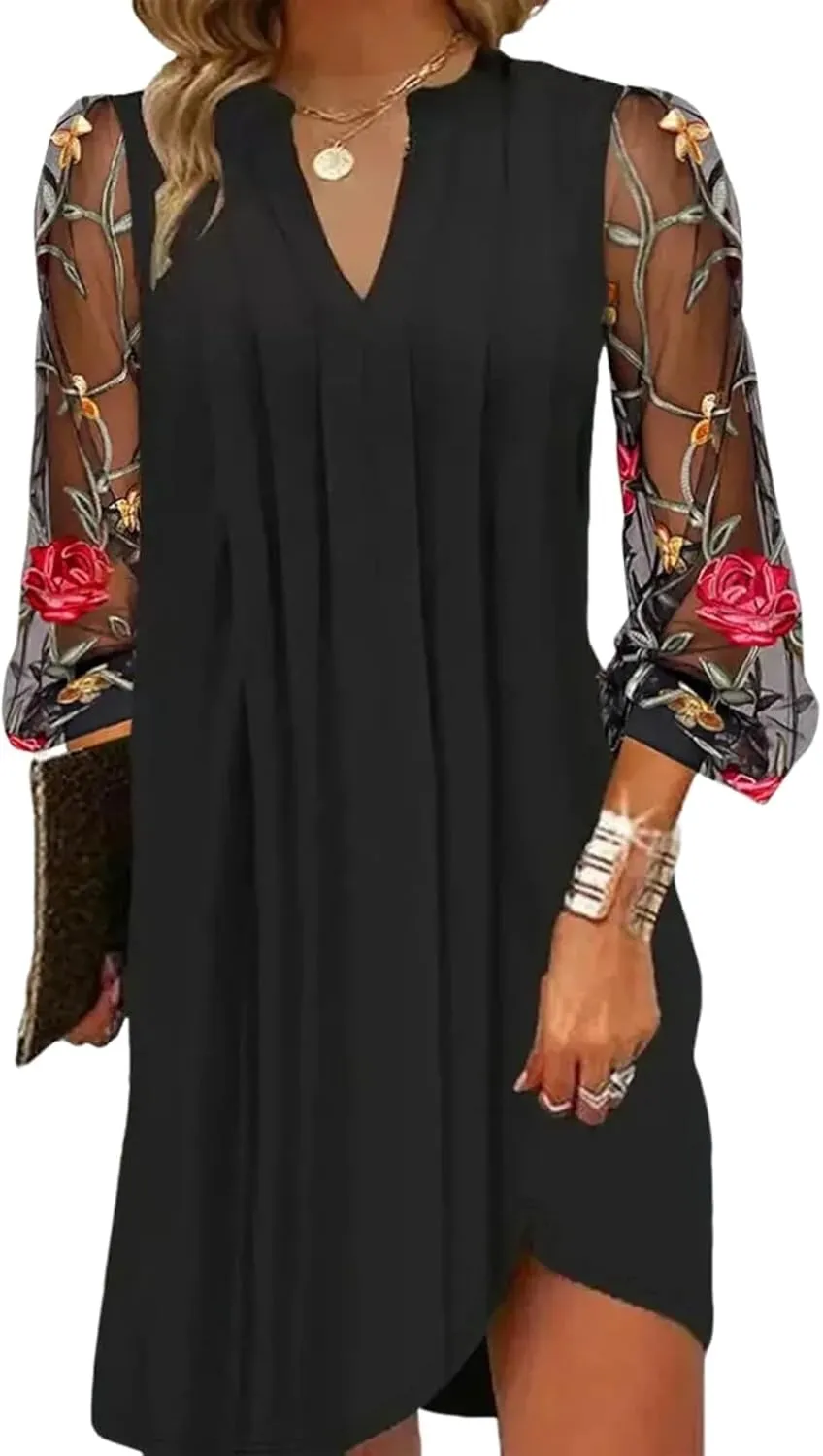 Women's Loose Shift Floral Print Sheer Long Sleeve V-Neck Black Mini Dress 2025 Spring Summer Stylish Casual Dress