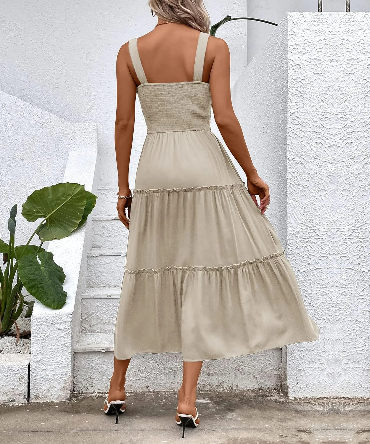 Womens Sleeveless Maxi Dress 2025 Summer Dresses Square Neck Smocked Ruffle Beach Sundress