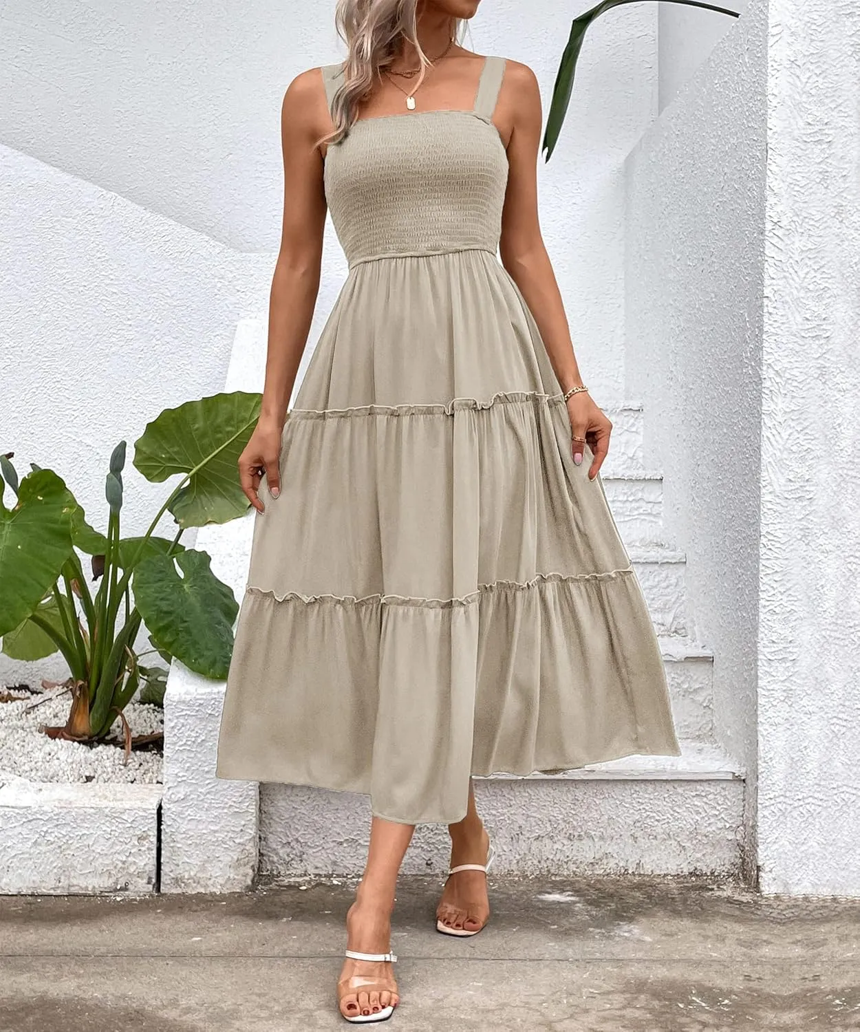 Womens Sleeveless Maxi Dress 2025 Summer Dresses Square Neck Smocked Ruffle Beach Sundress