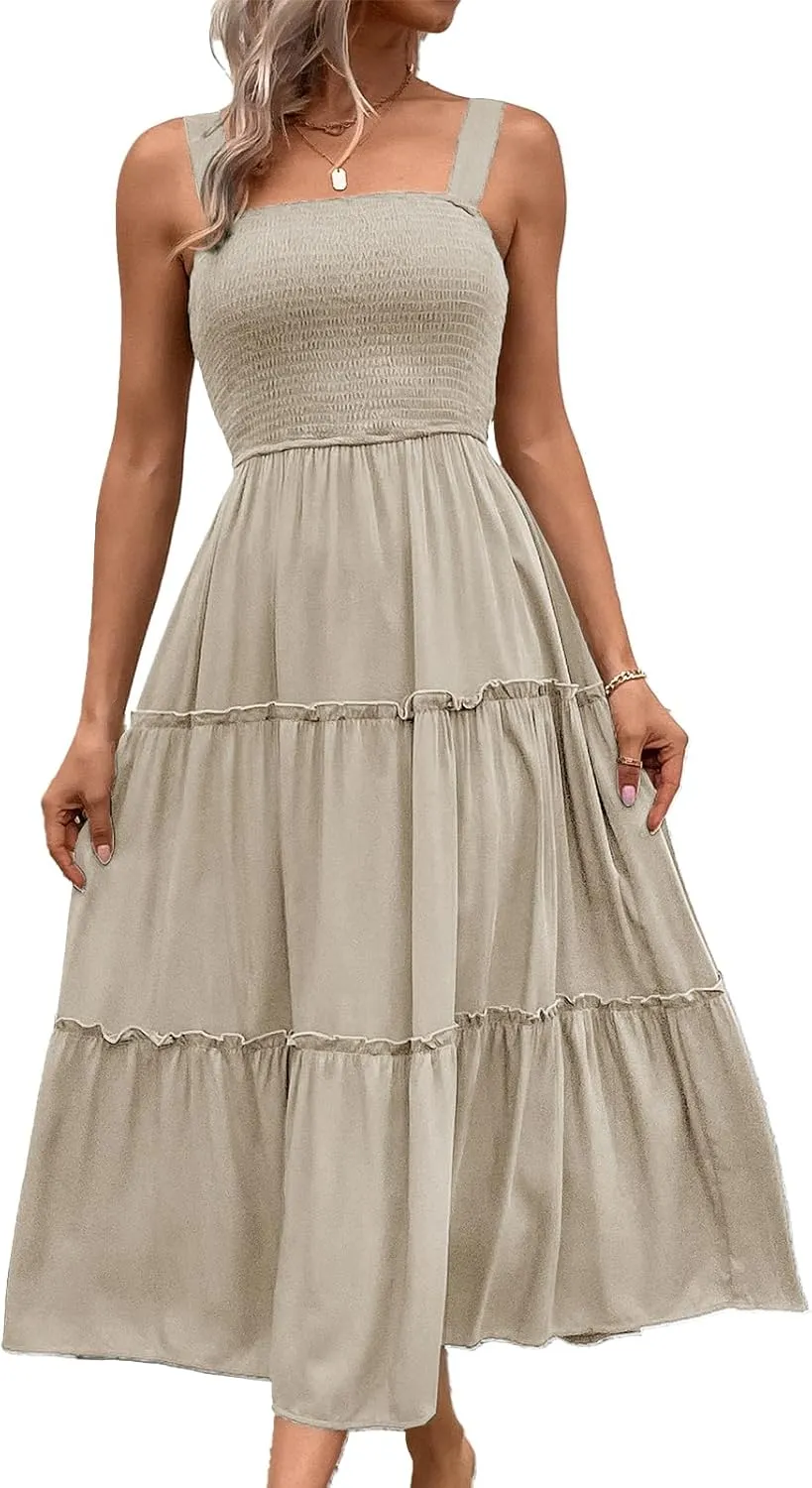 Womens Sleeveless Maxi Dress 2025 Summer Dresses Square Neck Smocked Ruffle Beach Sundress
