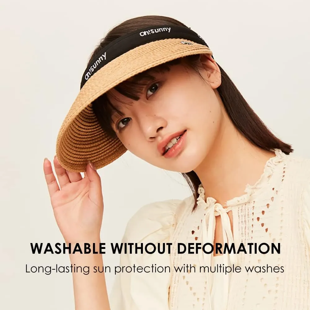 Women's Straw Sun Visor Hat UPF 50  Anti-UV Protection Summer Ponytail Beach Hat Wide Brim Foldable Sun Cap YLH3M305