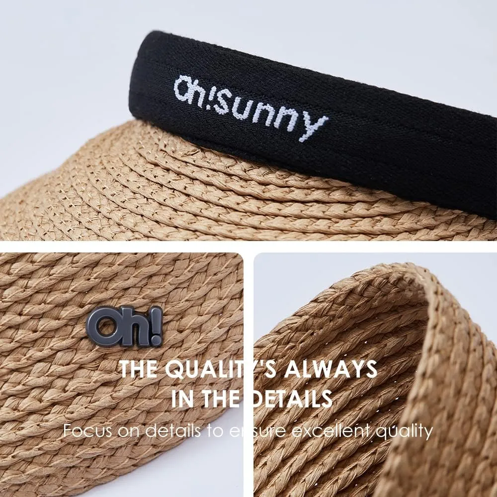 Women's Straw Sun Visor Hat UPF 50  Anti-UV Protection Summer Ponytail Beach Hat Wide Brim Foldable Sun Cap YLH3M305