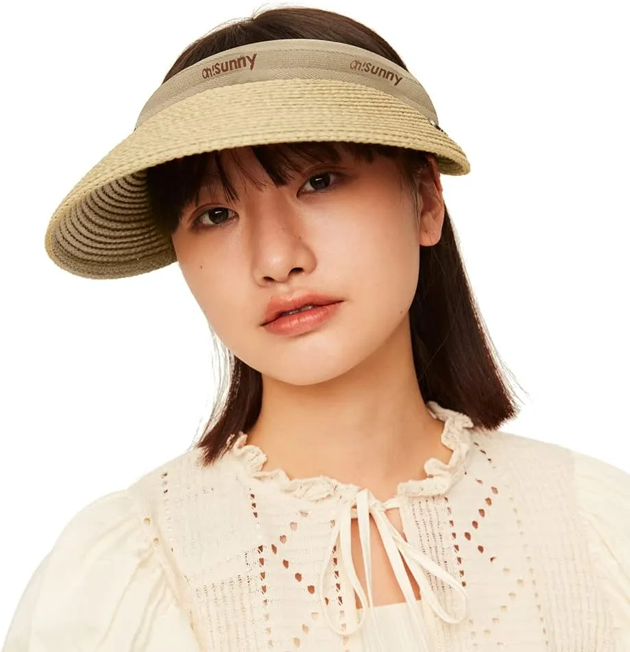 Women's Straw Sun Visor Hat UPF 50  Anti-UV Protection Summer Ponytail Beach Hat Wide Brim Foldable Sun Cap YLH3M305