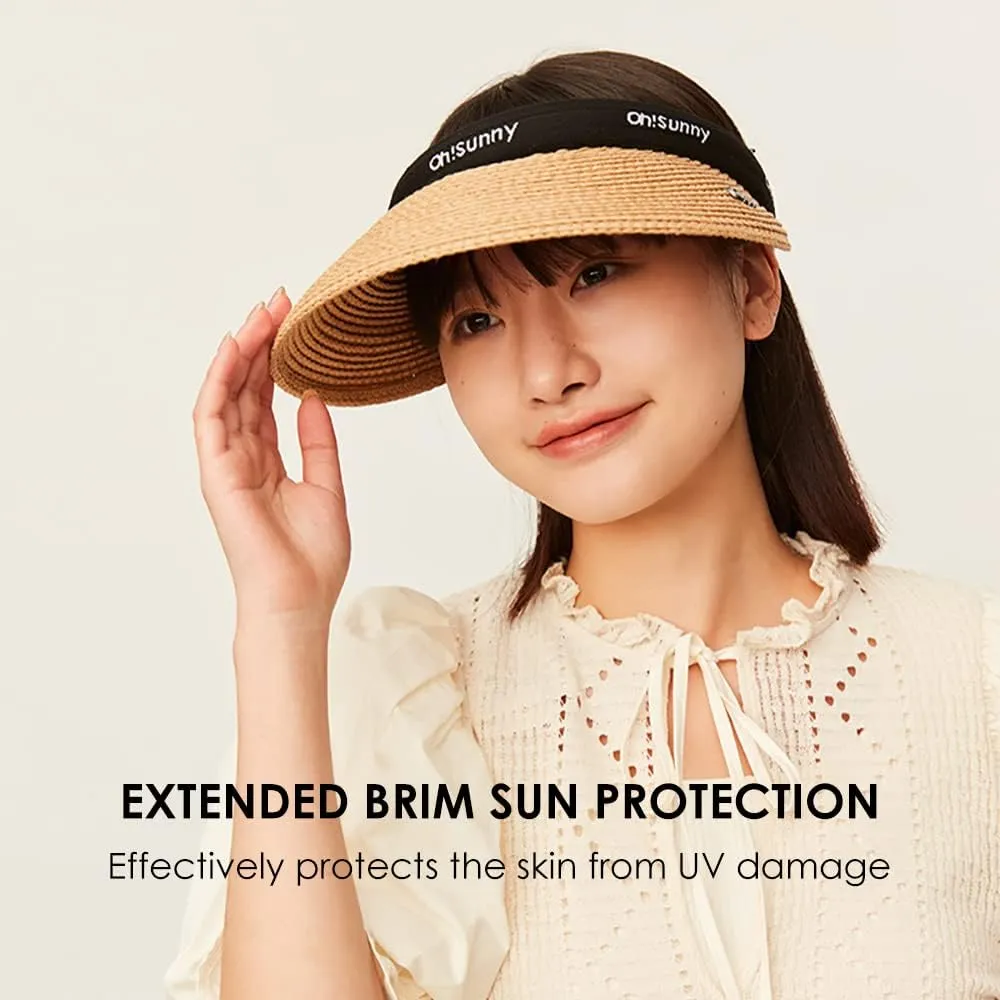 Women's Straw Sun Visor Hat UPF 50  Anti-UV Protection Summer Ponytail Beach Hat Wide Brim Foldable Sun Cap YLH3M305