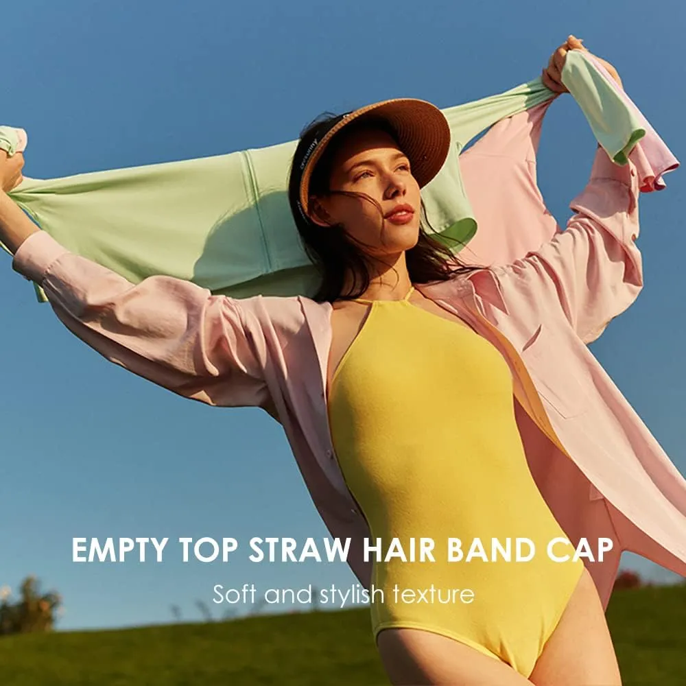 Women's Straw Sun Visor Hat UPF 50  Anti-UV Protection Summer Ponytail Beach Hat Wide Brim Foldable Sun Cap YLH3M305