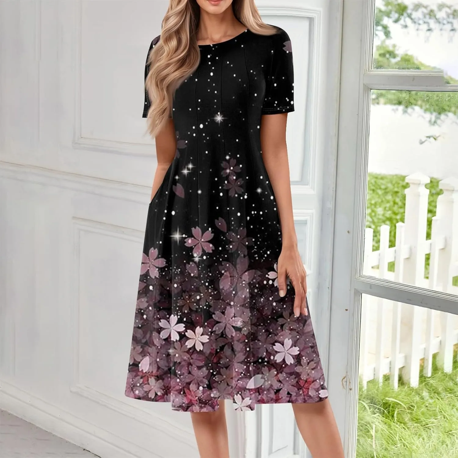 Womens Summer Dresses Flowy Casual Floral Print Short Sleeve Crew Neck Chic Boho Midi Sundresses with Pockets