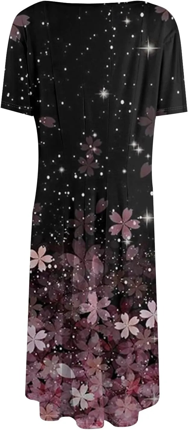 Womens Summer Dresses Flowy Casual Floral Print Short Sleeve Crew Neck Chic Boho Midi Sundresses with Pockets