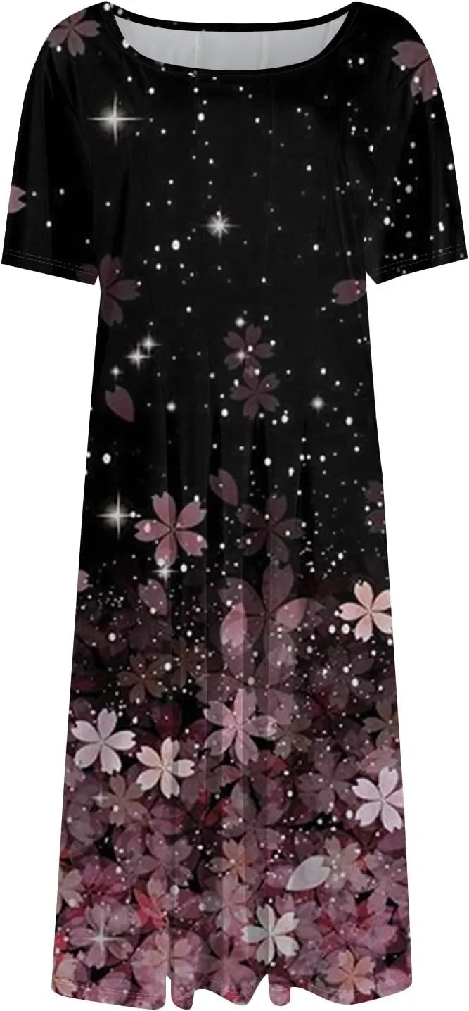 Womens Summer Dresses Flowy Casual Floral Print Short Sleeve Crew Neck Chic Boho Midi Sundresses with Pockets