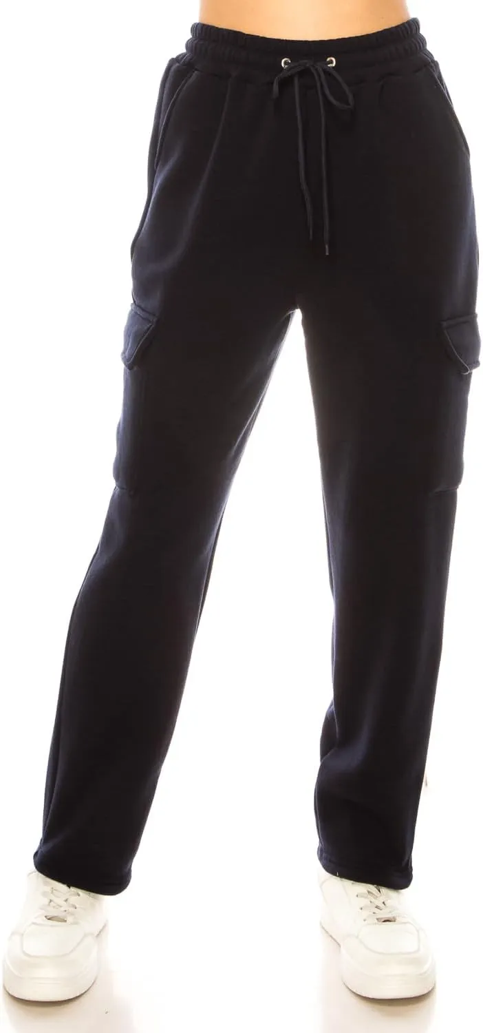 Women's Warm Athletic Cargo Sweatpants Drawstring Jogger Straight Relaxed Fit Fleece Pants