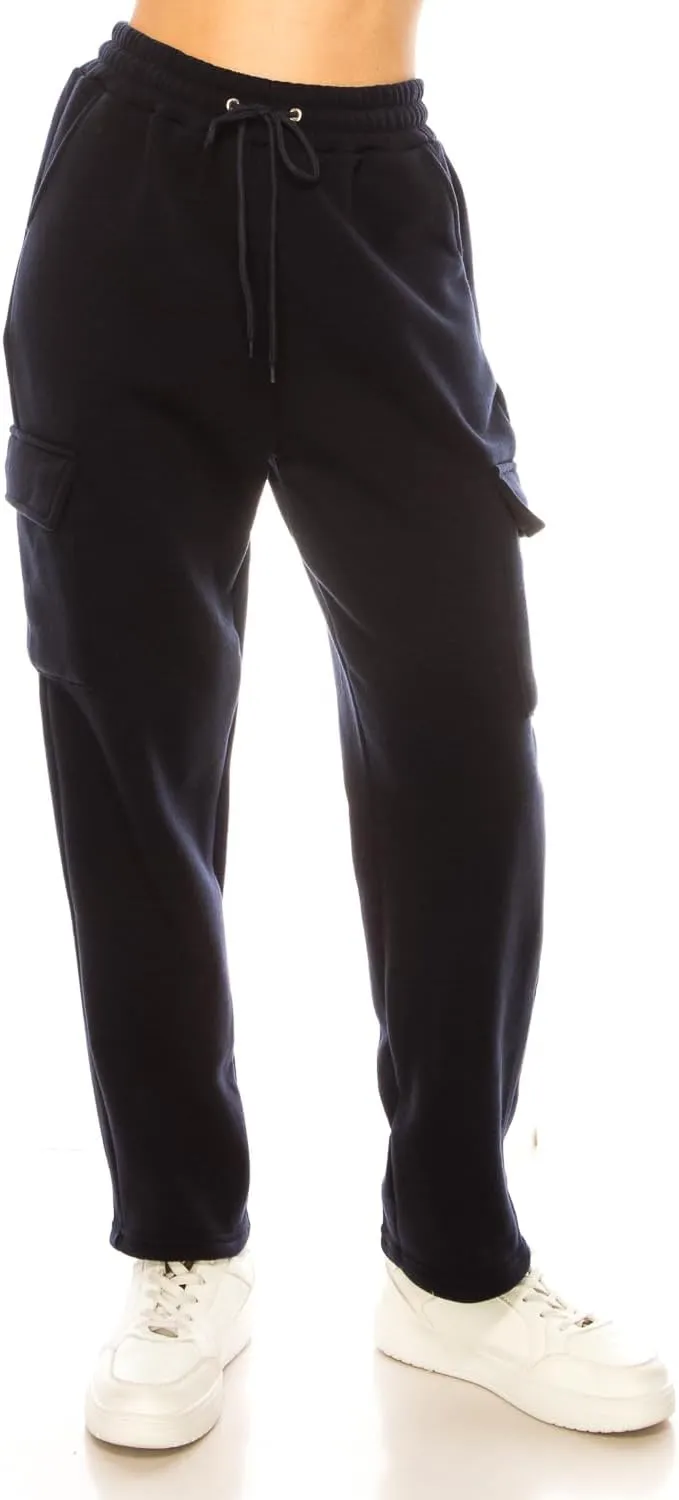 Women's Warm Athletic Cargo Sweatpants Drawstring Jogger Straight Relaxed Fit Fleece Pants