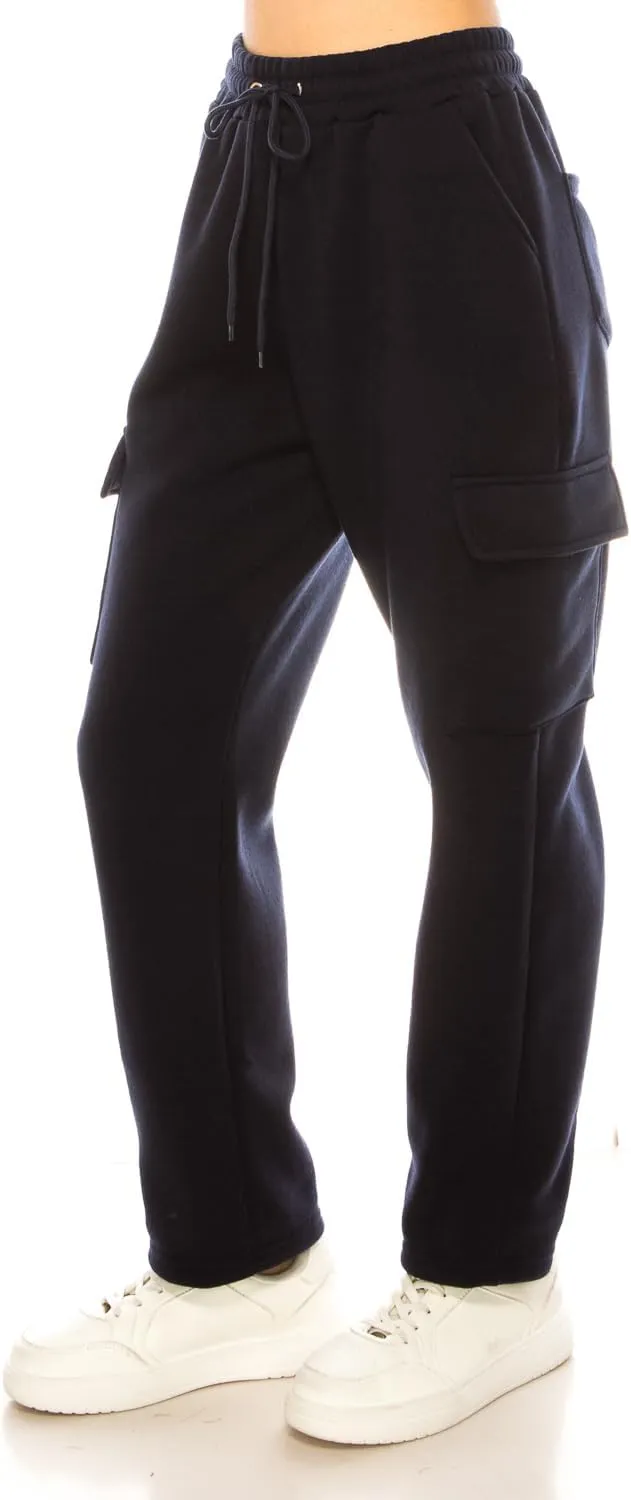 Women's Warm Athletic Cargo Sweatpants Drawstring Jogger Straight Relaxed Fit Fleece Pants